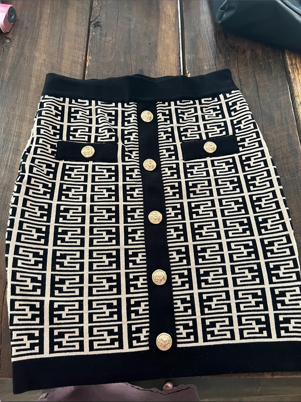 Black and Cream Geometric Button-Front Pencil Skirt